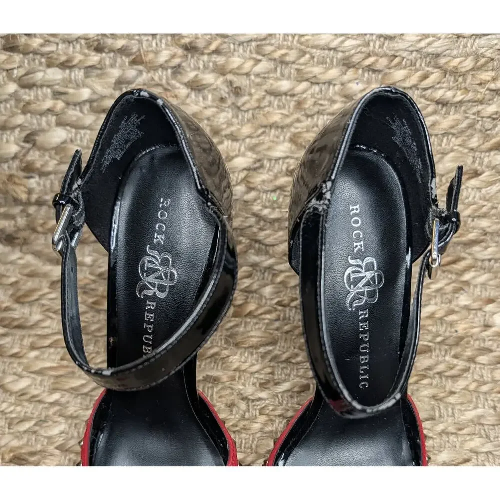 Rock & Republic Shoes Size 7.5 Med Black Red Studded Platform High Heels Suede